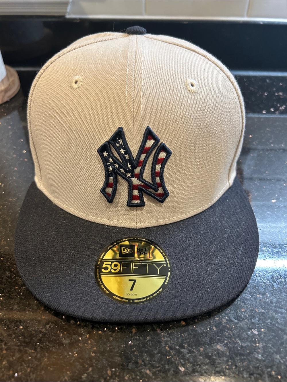 New Era Two-Tone Beige and Navy Yankees Fitted Hat with American Flag Logo